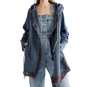 Free People Ritual Cardigan Hooded Womens S Trident Stone Slate Blue Tie Closure